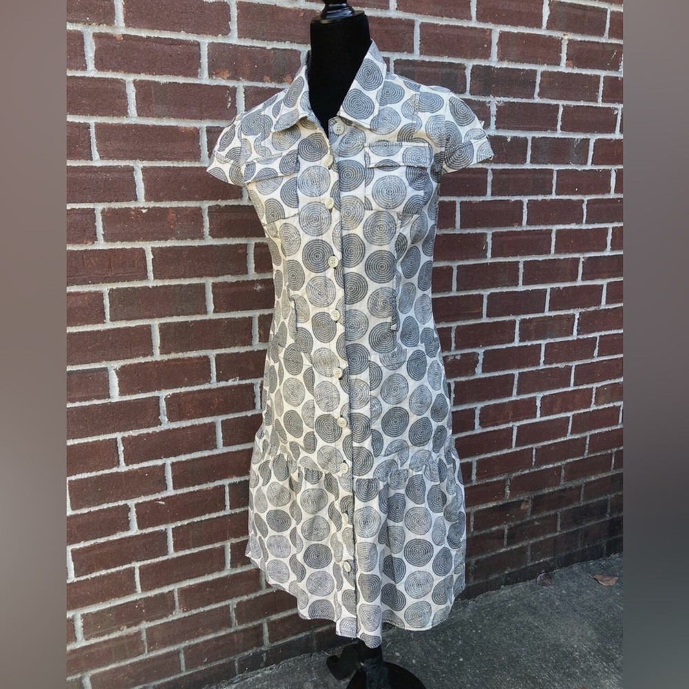 Beige and Black Circle Print Button Up Midi Button Up Dress- size 4